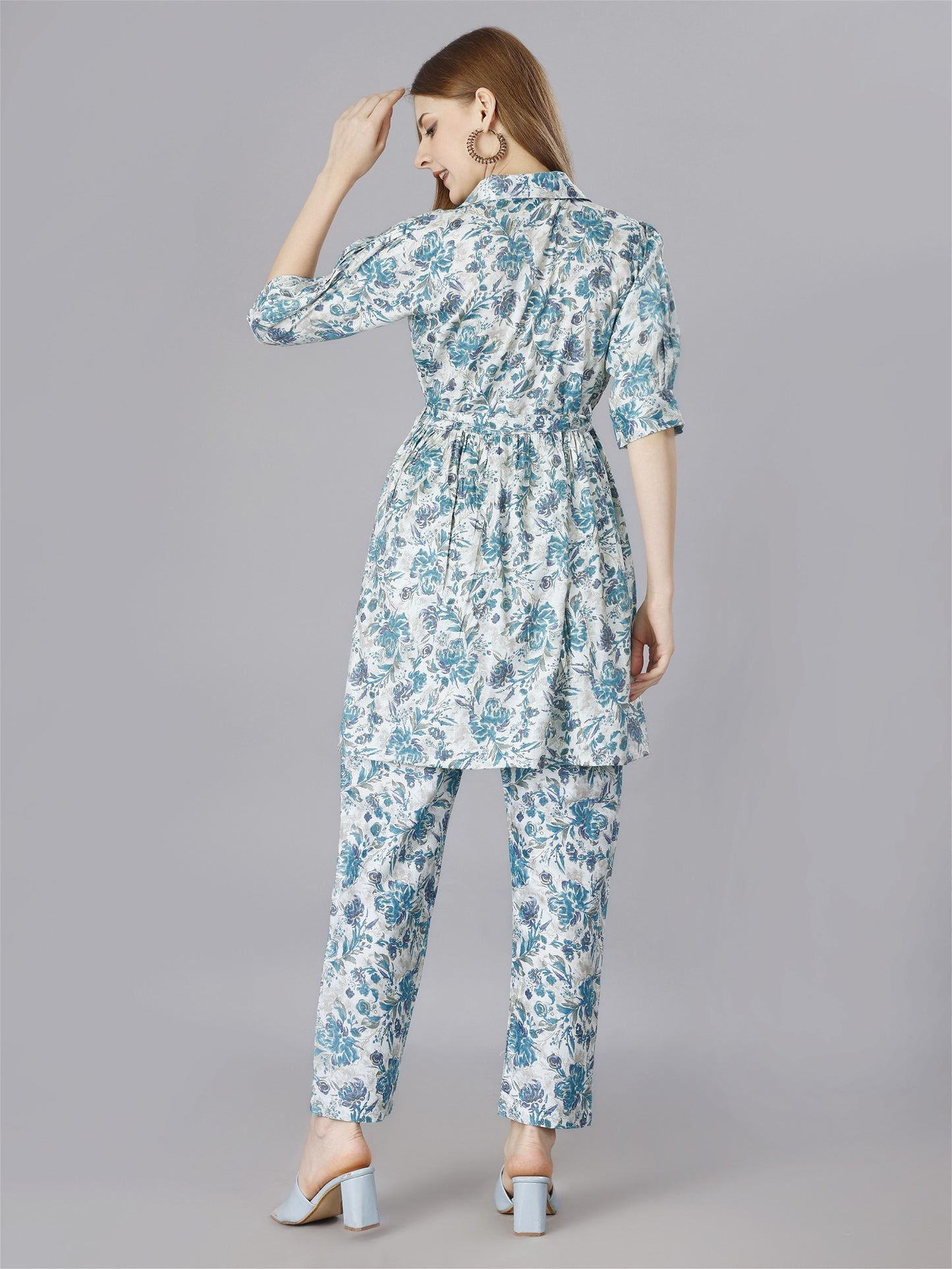 Printed Blue 2-Piece Shirt & Trousers Set Desi Soul