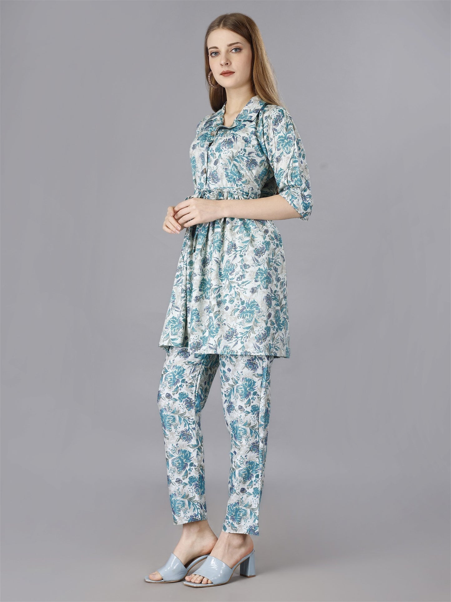 Printed Blue 2-Piece Shirt & Trousers Set Desi Soul