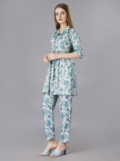 Printed Blue 2-Piece Shirt & Trousers Set Desi Soul