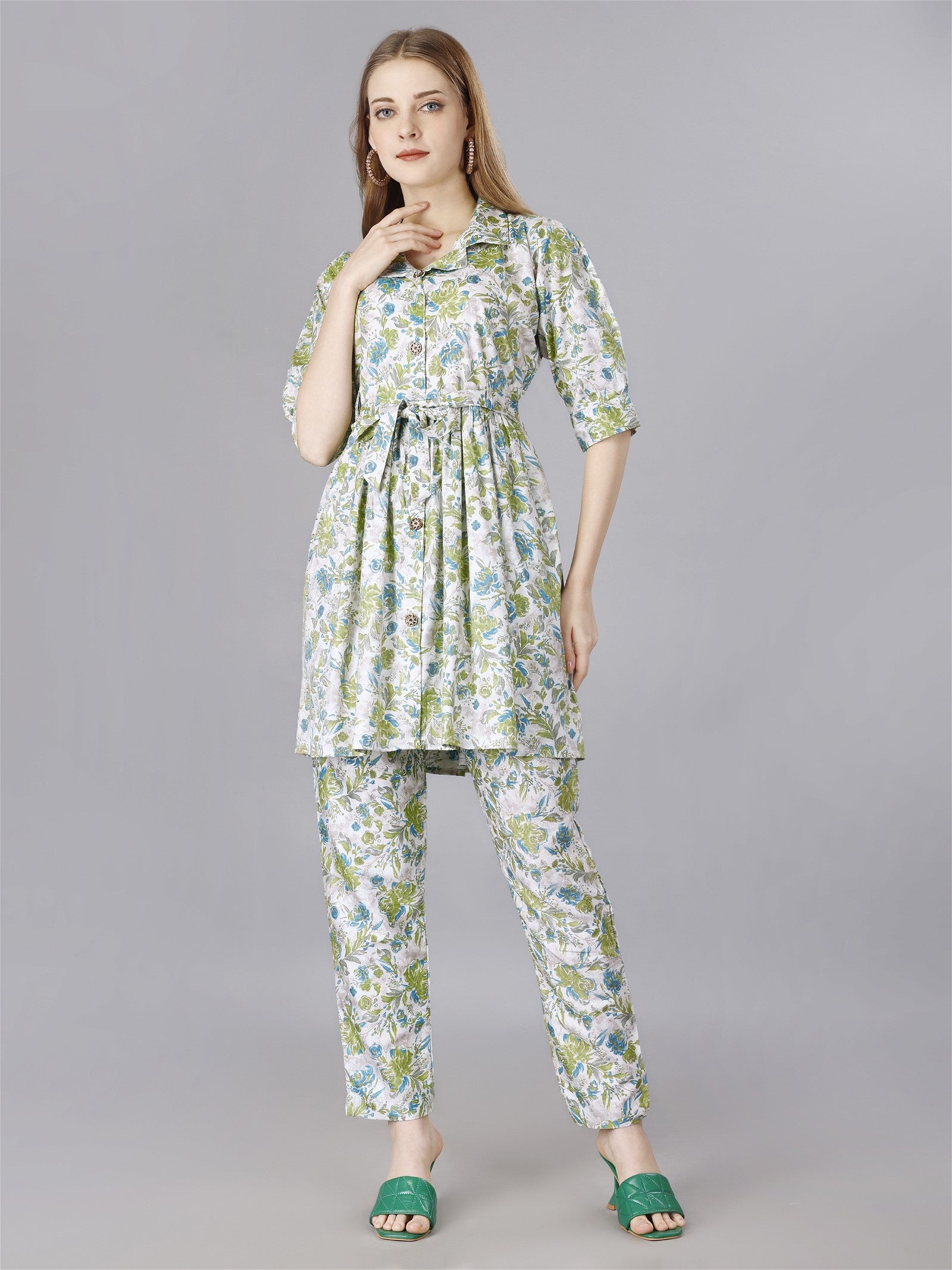 Printed Green 2-Piece Shirt & Trousers Set Desi Soul