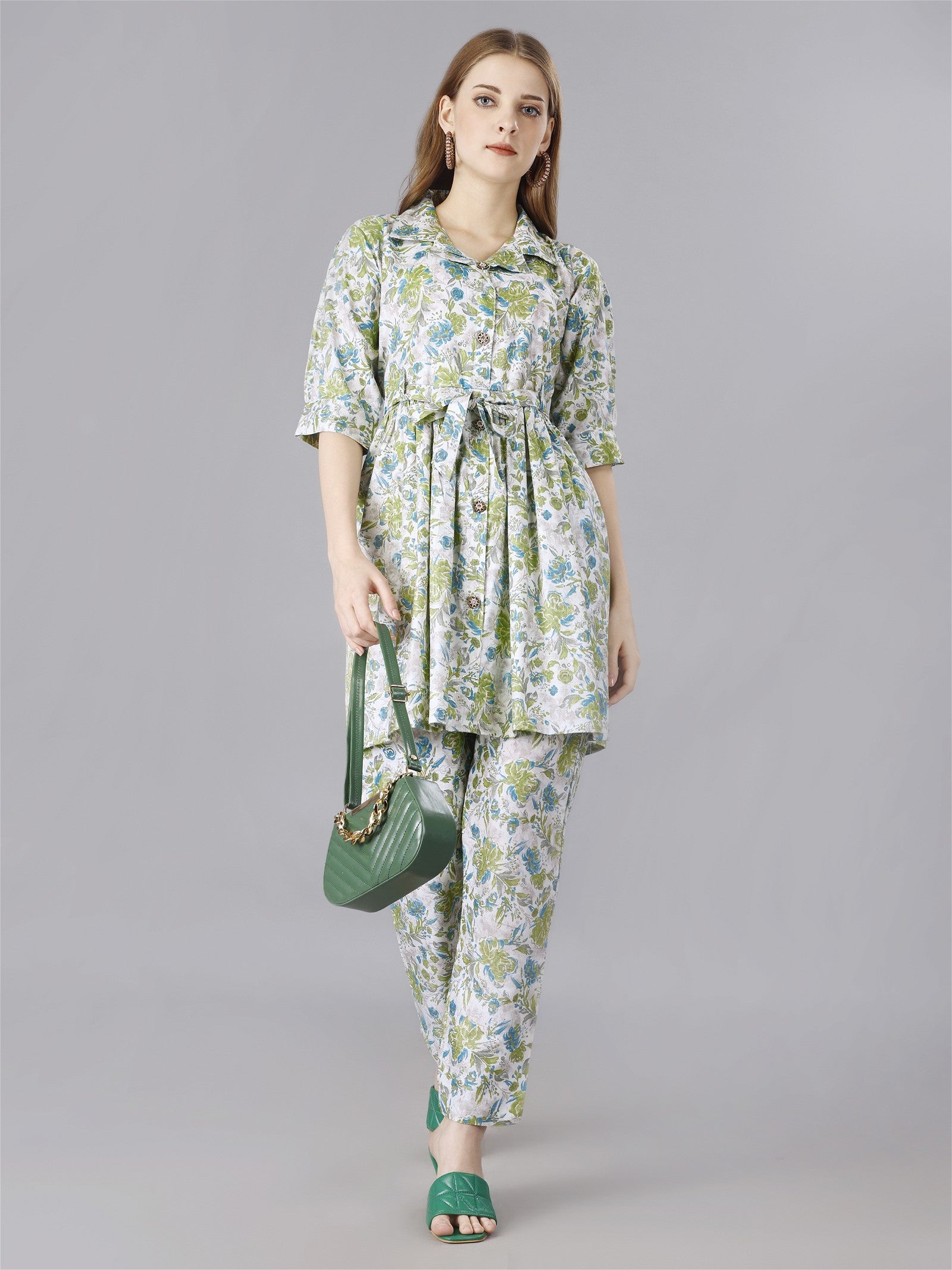 Printed Green 2-Piece Shirt & Trousers Set Desi Soul