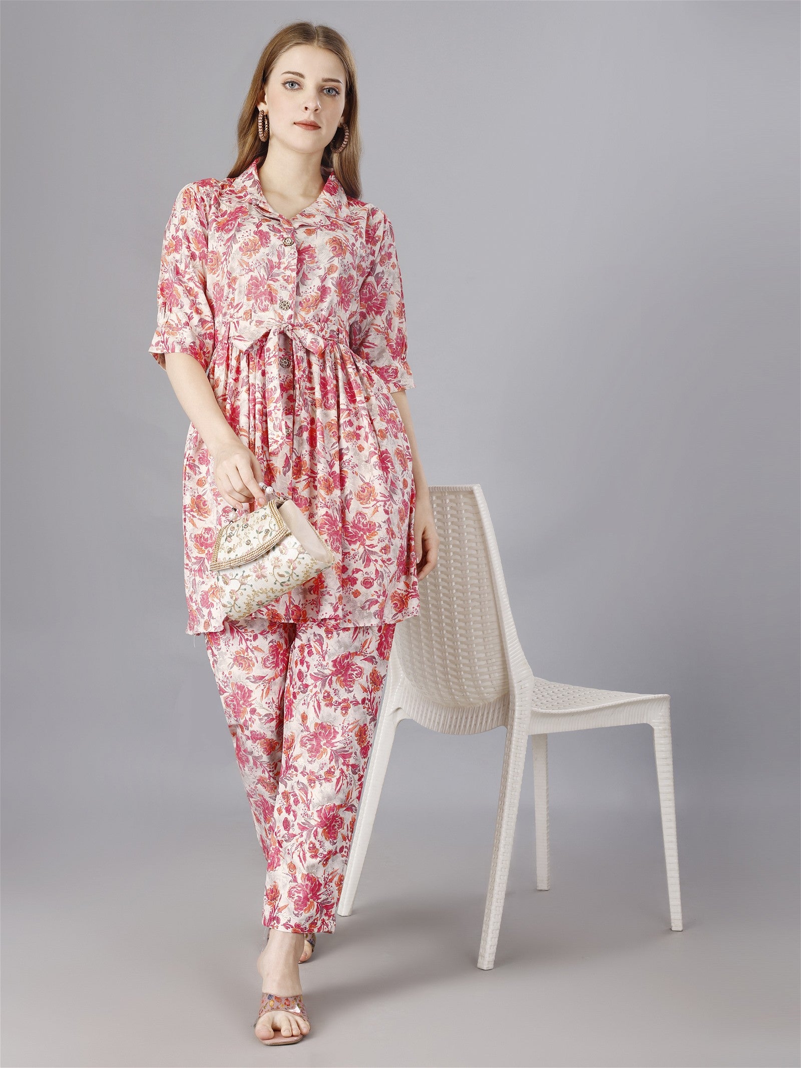 Printed Pink 2-Piece Shirt & Trousers Set Desi Soul