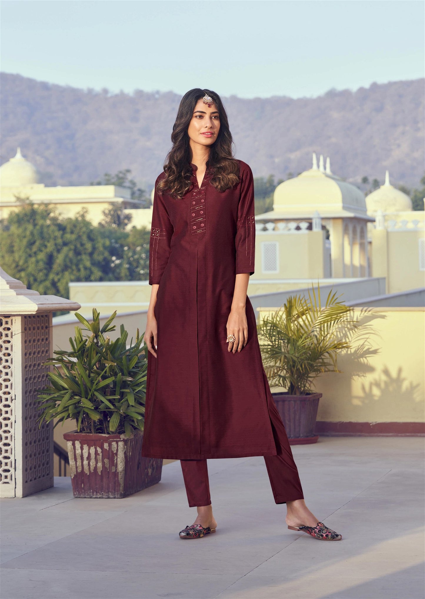 Wine Color Latest Roman Silk Kurti With Pant Desi Soul