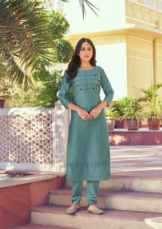 Teal Blue Latest Roman Silk Kurti With Pant Desi Soul