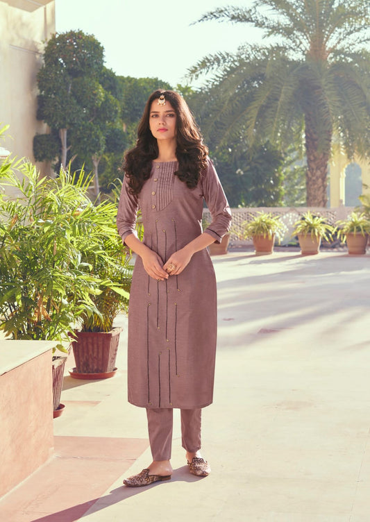 Lilac Brown Embroidery  Work Roman Silk Kurta Set Desi Soul