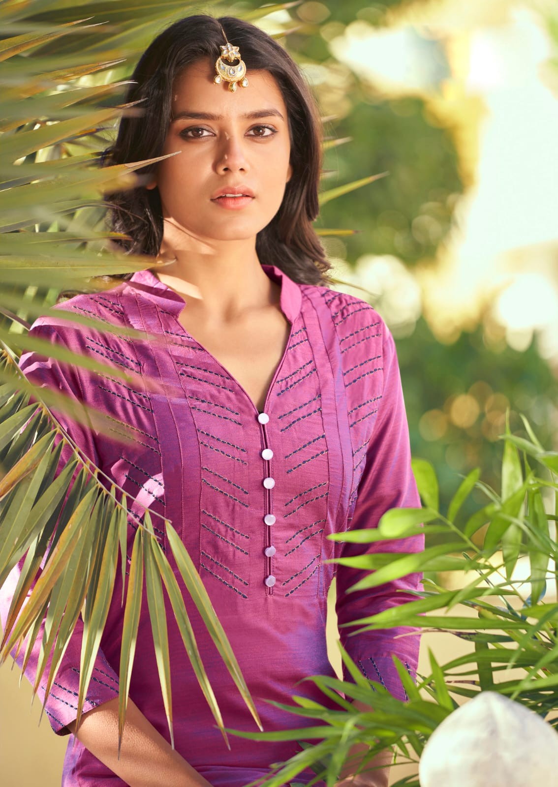 Purple Pink Embroidered  Work Roman Silk Kurta Set Desi Soul