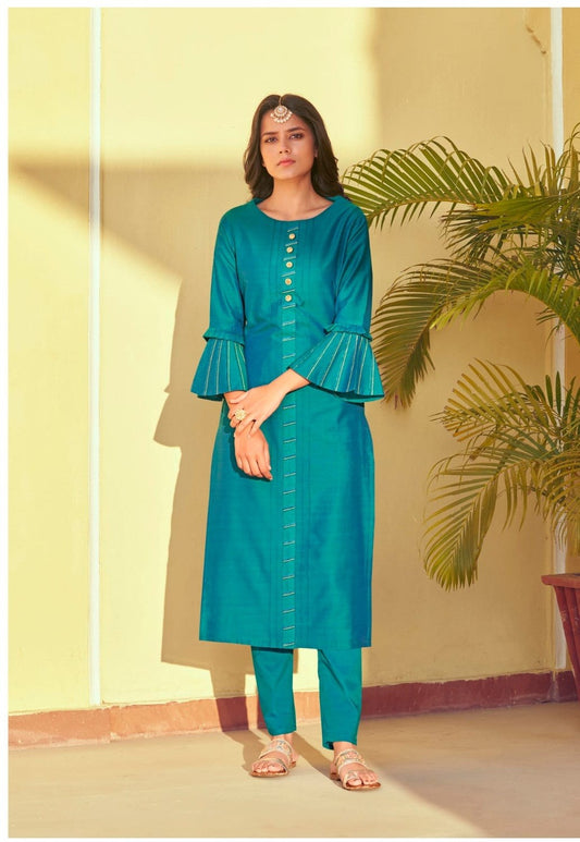 Teal Blue Latest Roman Silk Kurti With Pant Desi Soul