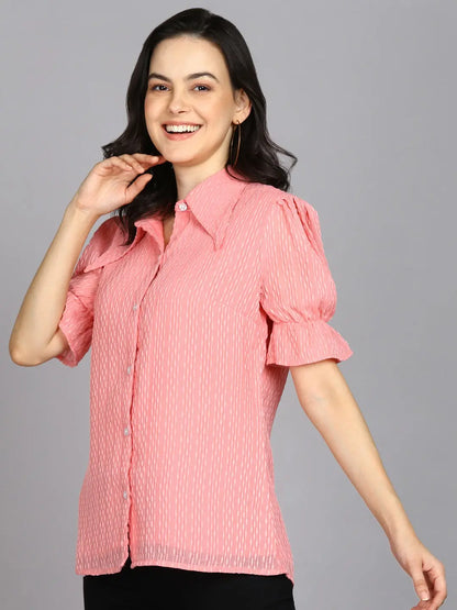 Casual Regular Sleeves Self Design Women Pink Top Desi Soul