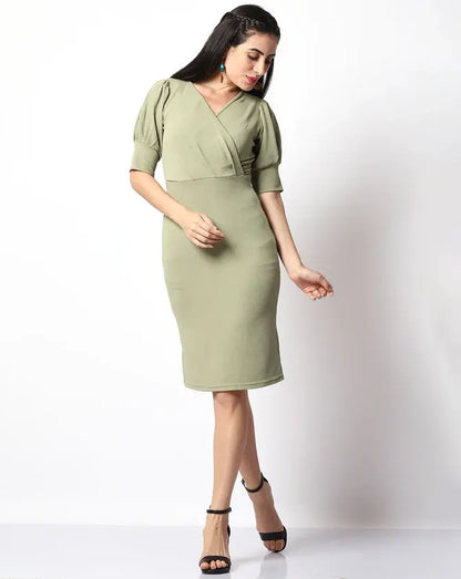 Casual Solid Women Green V-Neck Bodycon Desi Soul