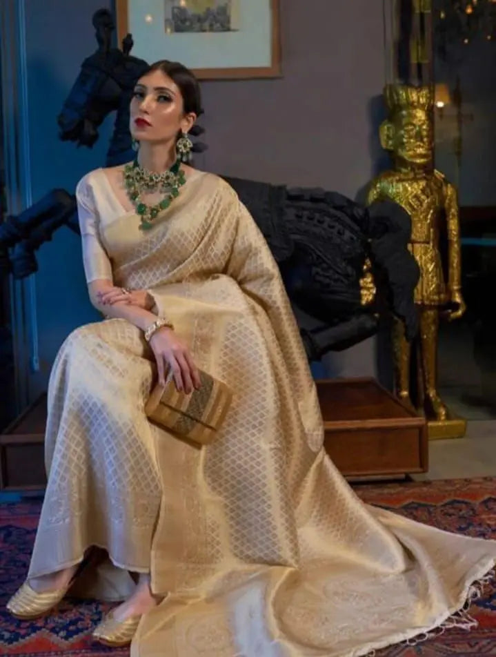 Royal looking Golden Colour Lichi Silk Saree Desi Soul