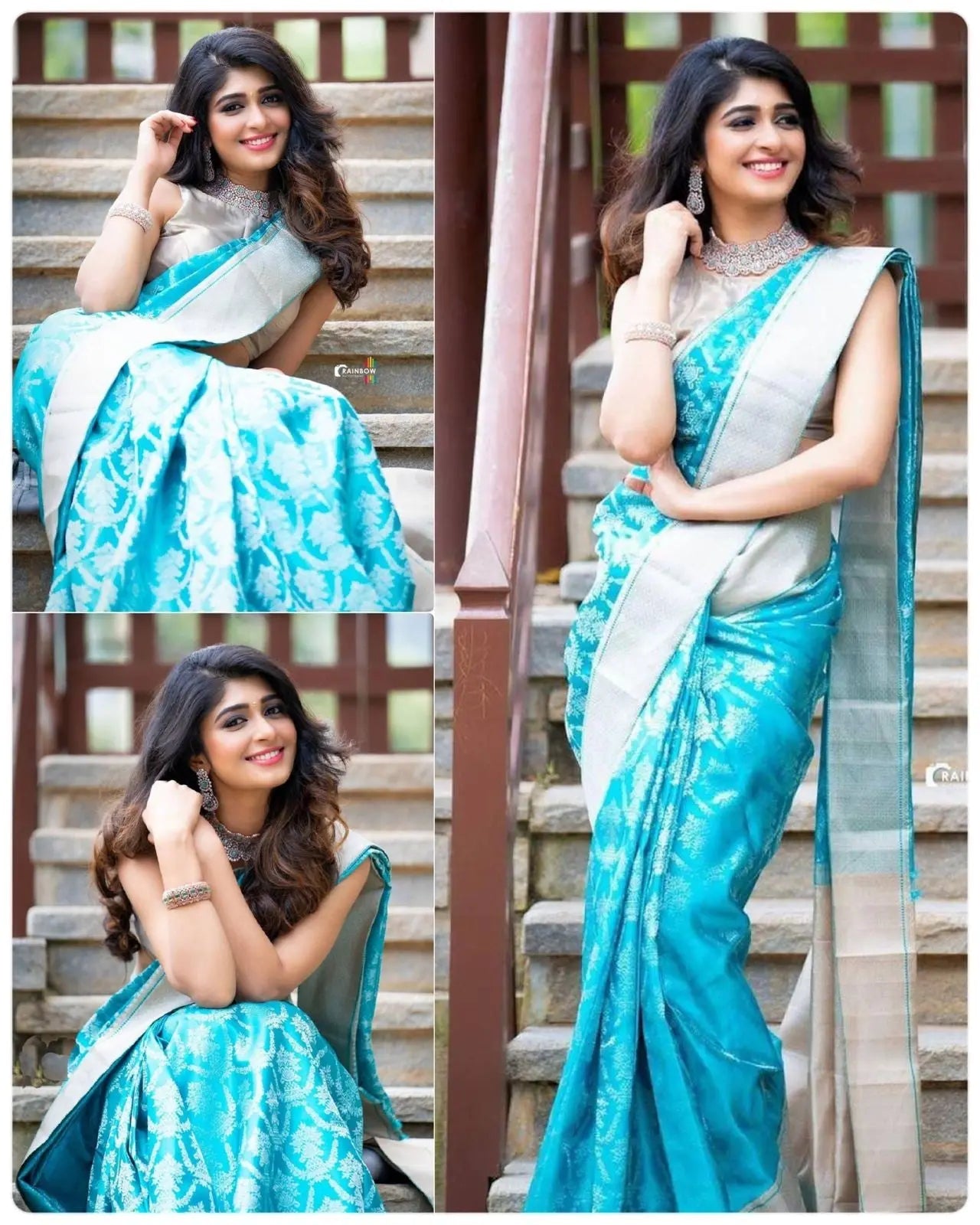 Sky Blue Jacquard Work Lichi Silk Saree Desi Soul