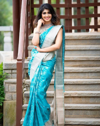 Sky Blue Jacquard Work Lichi Silk Saree Desi Soul