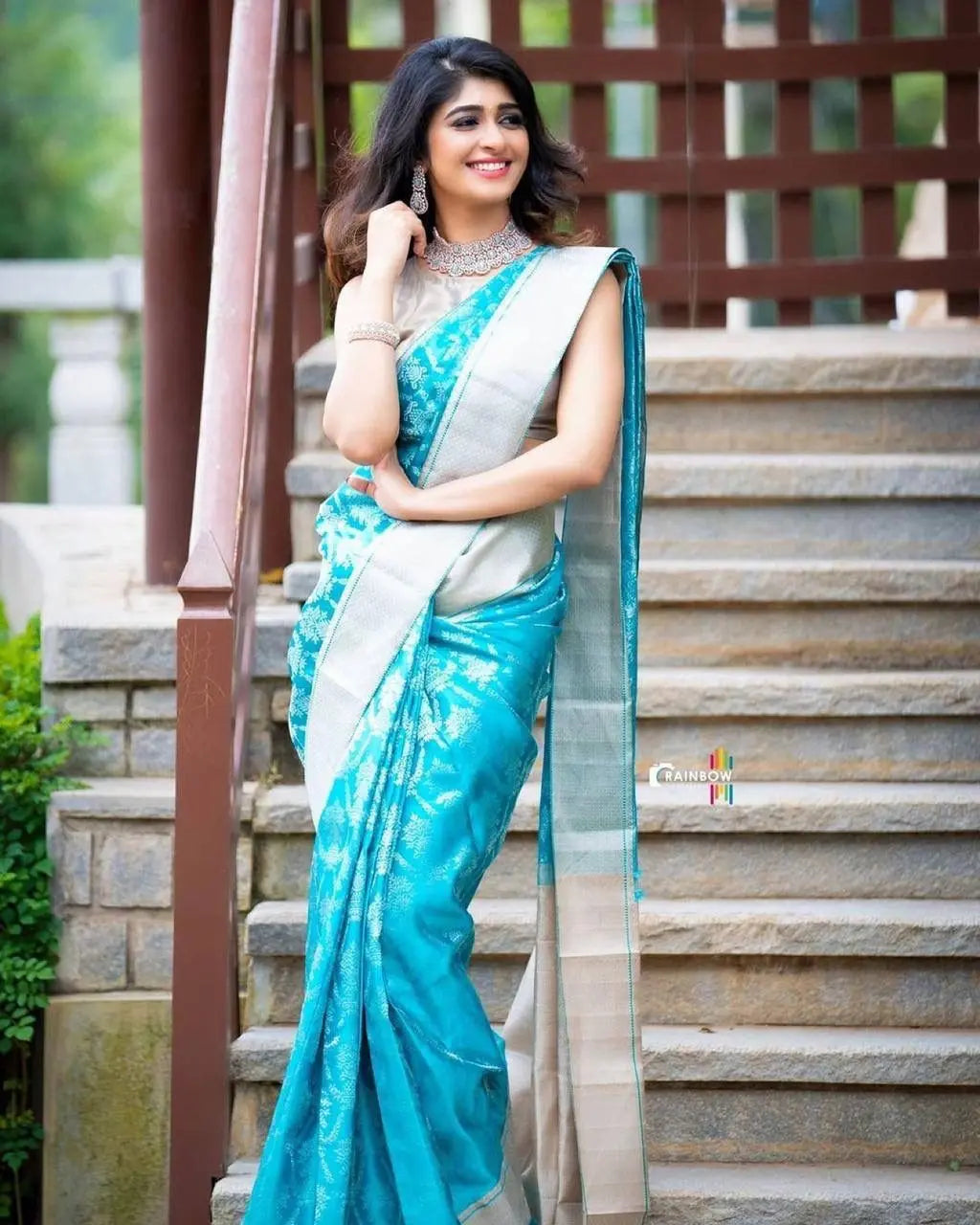 Sky Blue Jacquard Work Lichi Silk Saree Desi Soul