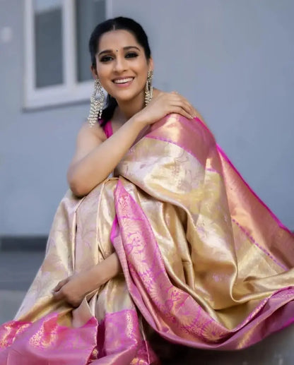 Soft Lichi Silk White and Pink Saree Desi Soul