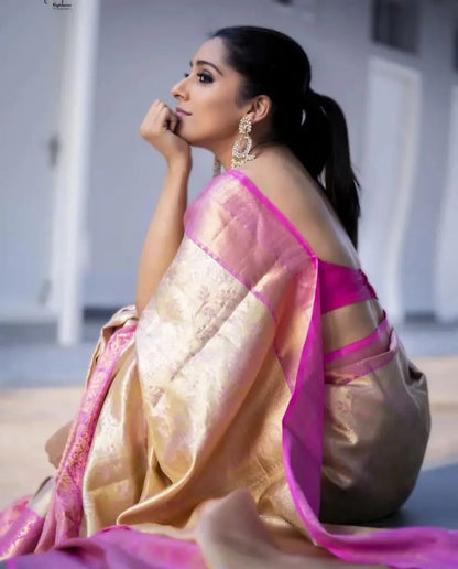 Soft Lichi Silk White and Pink Saree Desi Soul