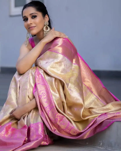 Soft Lichi Silk White and Pink Saree Desi Soul