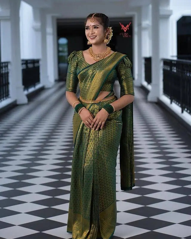 Dark Green Soft Lichi Silk Saree With Zari Weaving Work Desi Soul