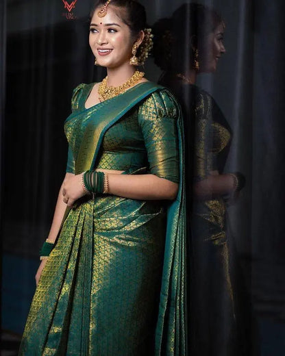 Dark Green Soft Lichi Silk Saree With Zari Weaving Work Desi Soul