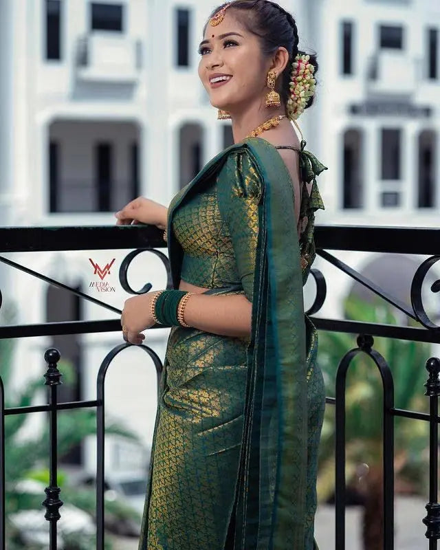 Dark Green Soft Lichi Silk Saree With Zari Weaving Work Desi Soul