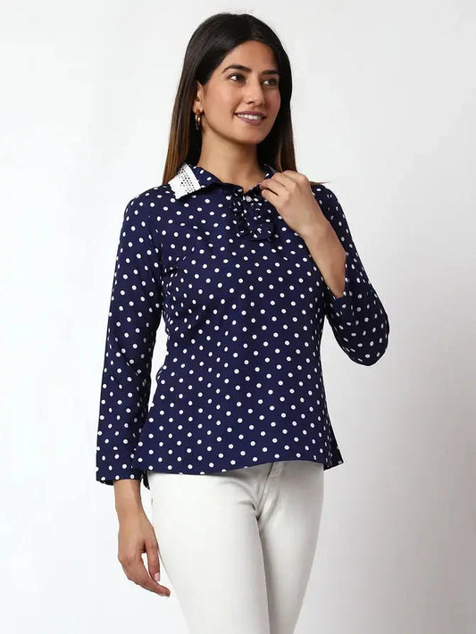 Casual Printed Women Dark Blue Round Neck Top Desi Soul