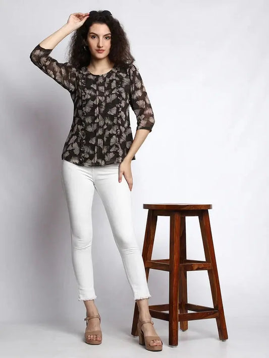 Casual Printed Women Black Round Neck Top Desi Soul