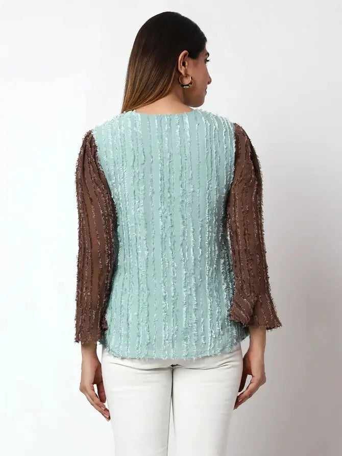 Casual Embellished Women Light Blue, Brown V-Neck Top Desi Soul