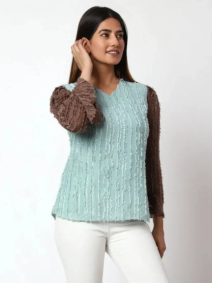 Casual Embellished Women Light Blue, Brown V-Neck Top Desi Soul