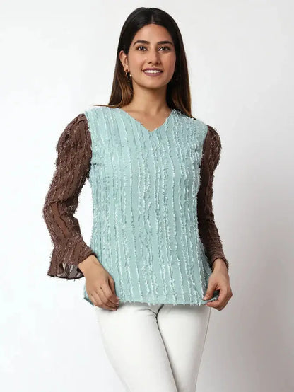 Casual Embellished Women Light Blue, Brown V-Neck Top Desi Soul