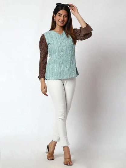 Casual Embellished Women Light Blue, Brown V-Neck Top Desi Soul