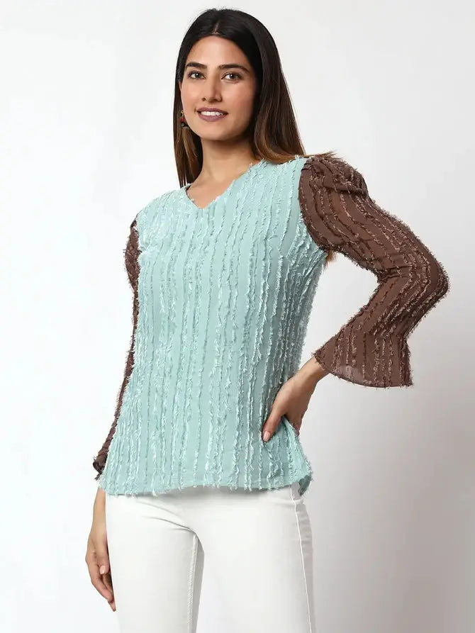 Casual Embellished Women Light Blue, Brown V-Neck Top Desi Soul