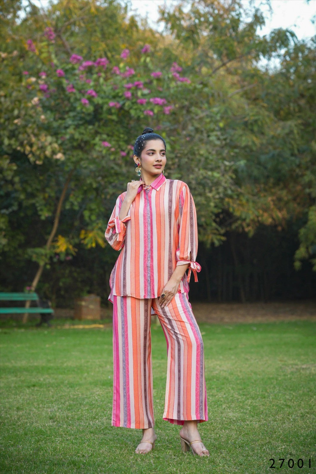 Multi Mull Cotton Candy Stripes Button Down Shirt With Palazzo Co-ord Set Desi Soul