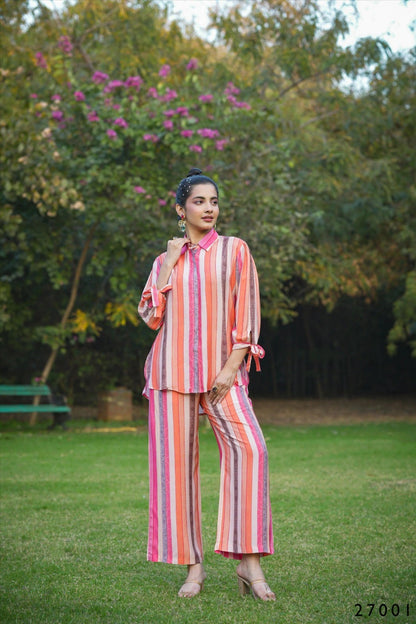 Multi Mull Cotton Candy Stripes Button Down Shirt With Palazzo Co-ord Set Desi Soul