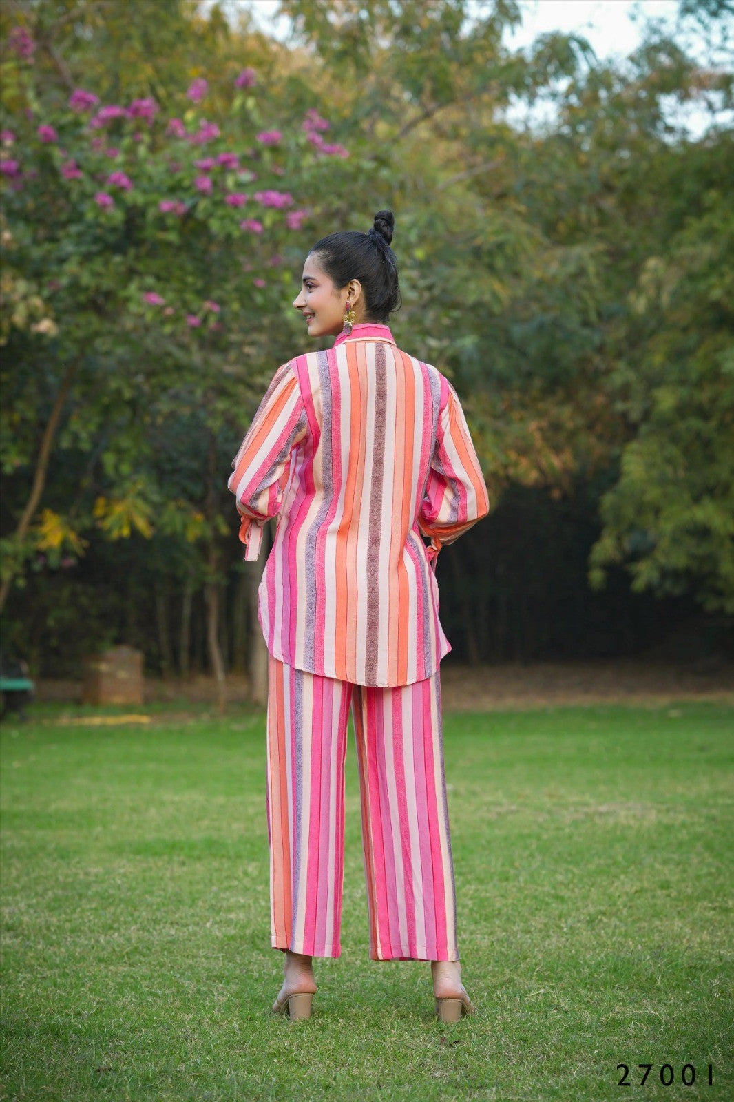 Multi Mull Cotton Candy Stripes Button Down Shirt With Palazzo Co-ord Set Desi Soul