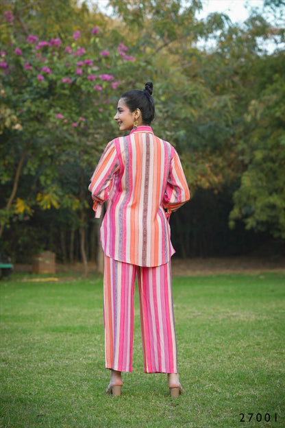 Multi Mull Cotton Candy Stripes Button Down Shirt With Palazzo Co-ord Set Desi Soul