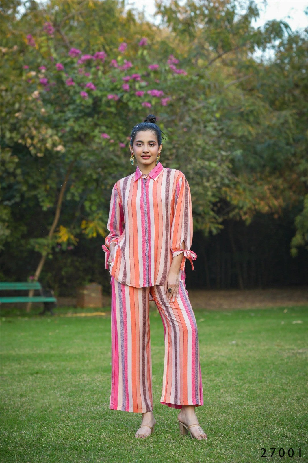 Multi Mull Cotton Candy Stripes Button Down Shirt With Palazzo Co-ord Set Desi Soul