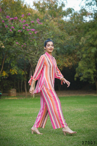 Multi Mull Cotton Candy Stripes Button Down Shirt With Palazzo Co-ord Set Desi Soul