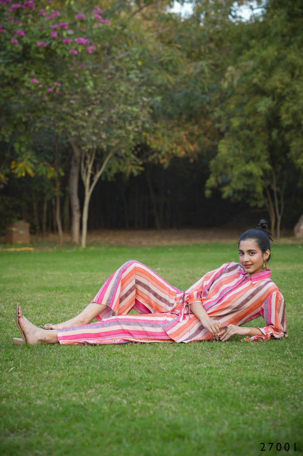 Multi Mull Cotton Candy Stripes Button Down Shirt With Palazzo Co-ord Set Desi Soul