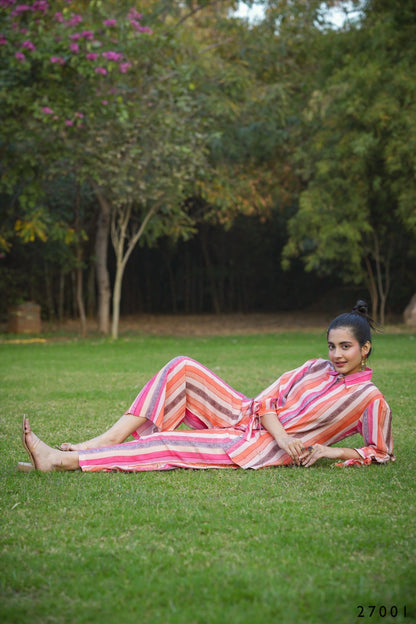 Multi Mull Cotton Candy Stripes Button Down Shirt With Palazzo Co-ord Set Desi Soul