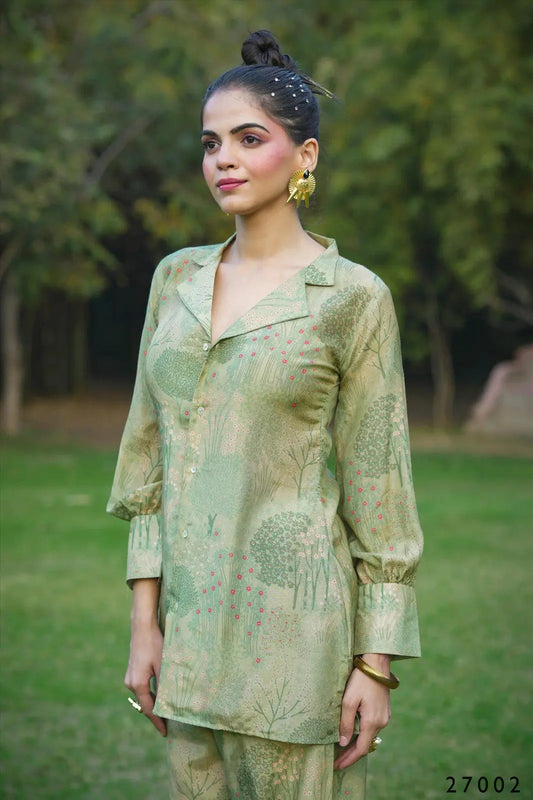 Green Digital Print Button Down Shirt With Palazzo Desi Soul