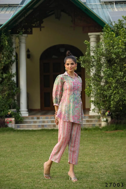 Pink Floral Digital Print Tunic With Pant Co-Ord Set Desi Soul