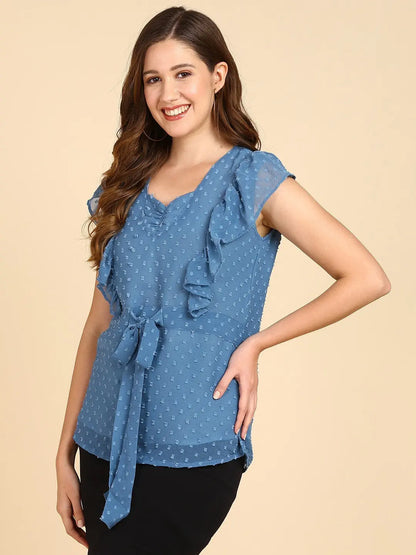 Casual Self Design Women Blue Sweetheart Neck Top Desi Soul