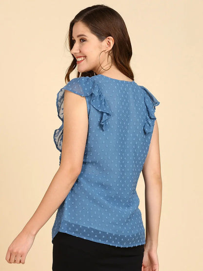 Casual Self Design Women Blue Sweetheart Neck Top Desi Soul