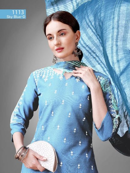 Sky Blue Women's Trending Cotton blend Kurti, Pant with Dupatta Desi Soul