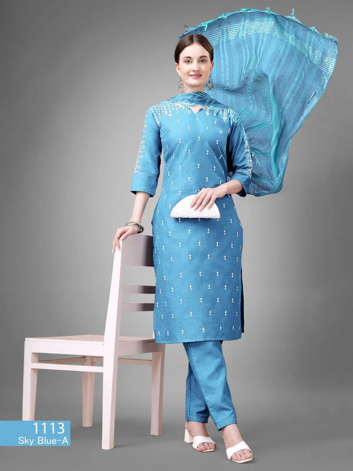 Sky Blue Women's Trending Cotton blend Kurti, Pant with Dupatta Desi Soul