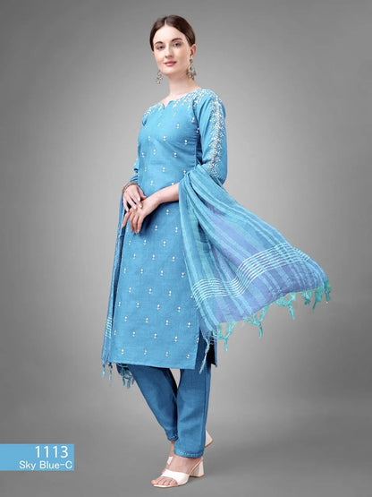 Sky Blue Women's Trending Cotton blend Kurti, Pant with Dupatta Desi Soul