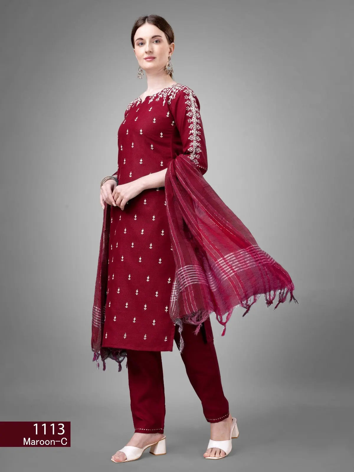 Women's Maroon Color Cotton Blend  Embroidery With Sequence Work Kurta Pant With Dupatta Set Desi Soul