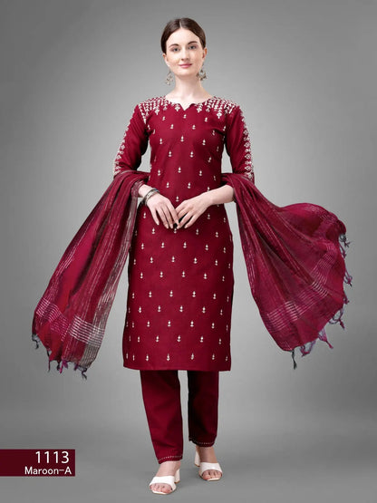 Women's Maroon Color Cotton Blend  Embroidery With Sequence Work Kurta Pant With Dupatta Set Desi Soul