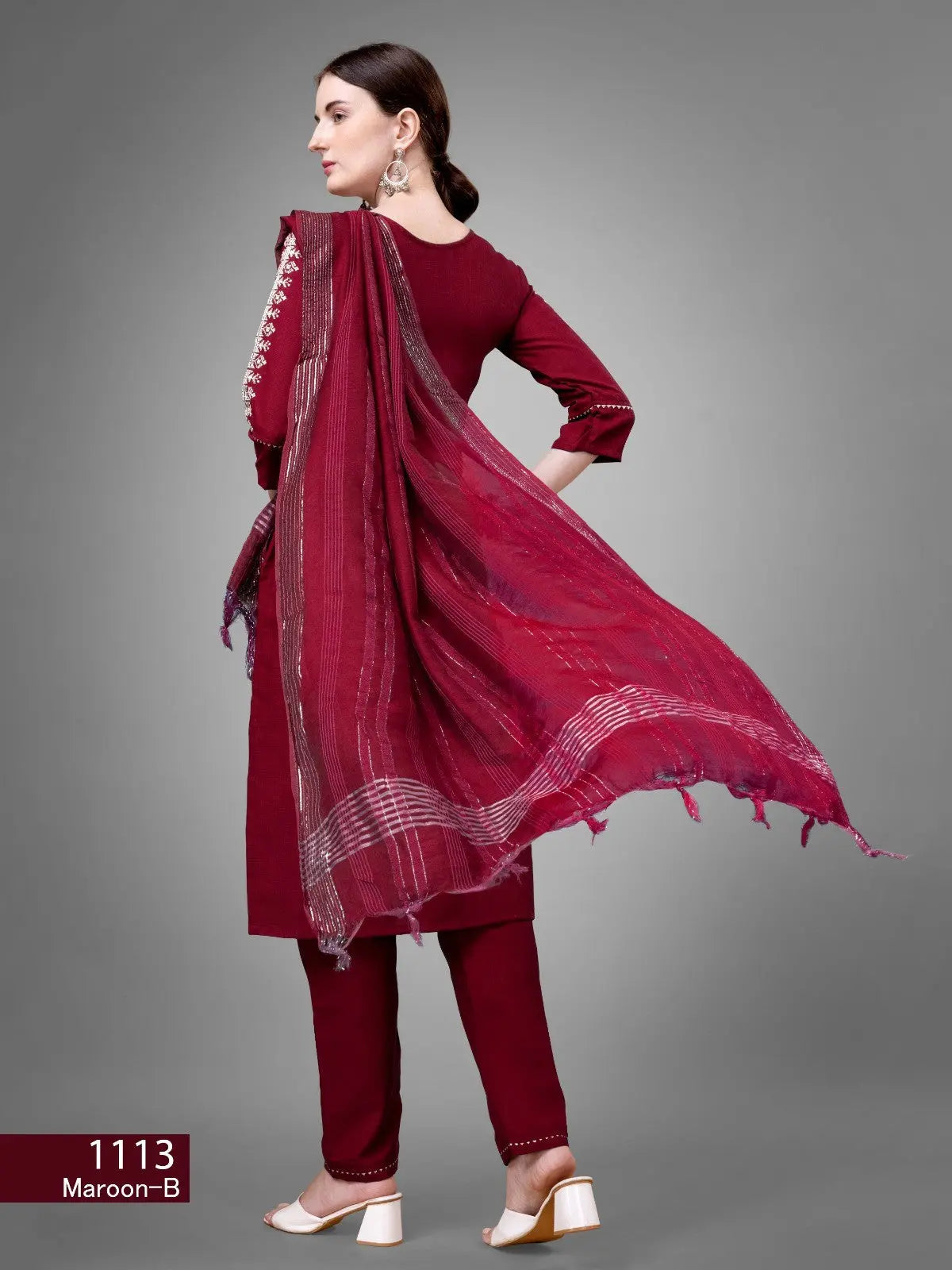 Women's Maroon Color Cotton Blend  Embroidery With Sequence Work Kurta Pant With Dupatta Set Desi Soul