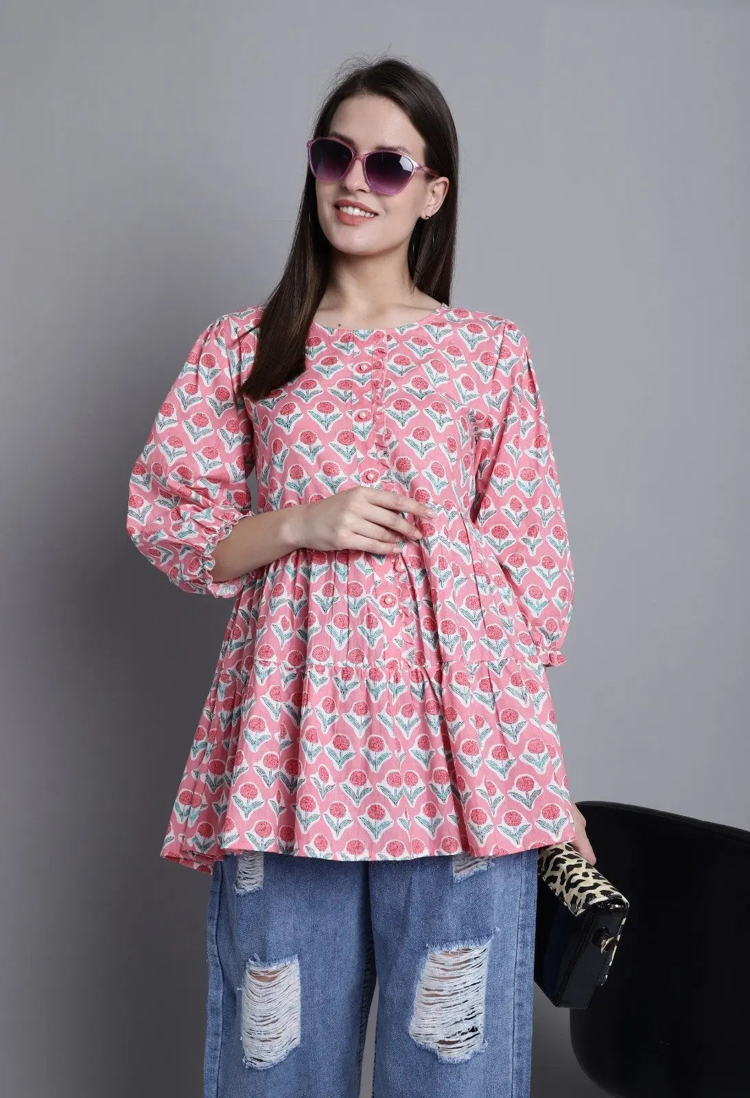 Pink  Pure cotton Jaipuri Printed Short Top Desi Soul