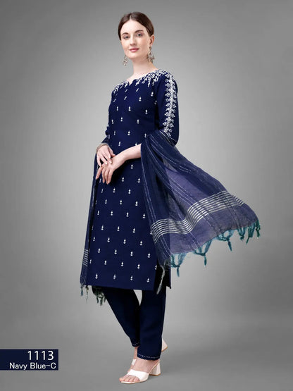 Dark Blue Kurti Set  Cotton Blend Kurti With Bottom Dupatta Collection Desi Soul